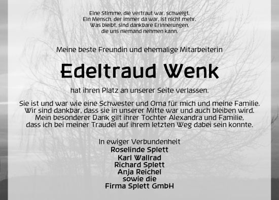 Traueranzeige von Edeltraud Wenk von Dinkelsbühl/ Feuchtwangen