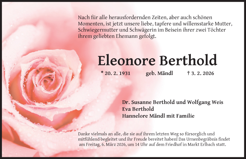  Traueranzeige für Eleonore Berthold vom 14.02.2026 aus Neustadt/ Scheinfeld/ Uffenheim