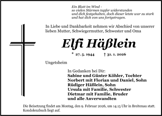 Traueranzeige von Elfi Häßlein von Dinkelsbühl/ Feuchtwangen