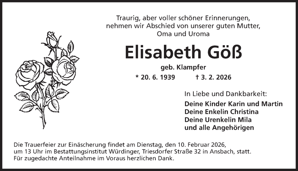  Traueranzeige für Elisabeth Göß vom 07.02.2026 aus Ansbach