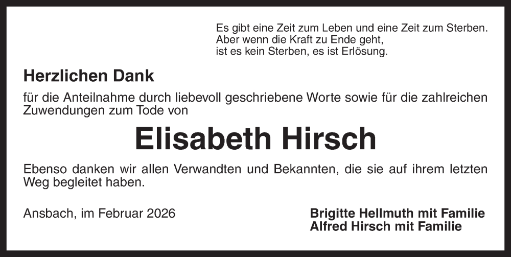  Traueranzeige für Elisabeth Hirsch vom 04.02.2026 aus Ansbach