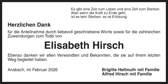 Traueranzeige von Elisabeth Hirsch von Ansbach