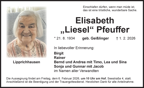 Traueranzeige von Elisabeth Pfeuffer von Neustadt/ Scheinfeld/ Uffenheim