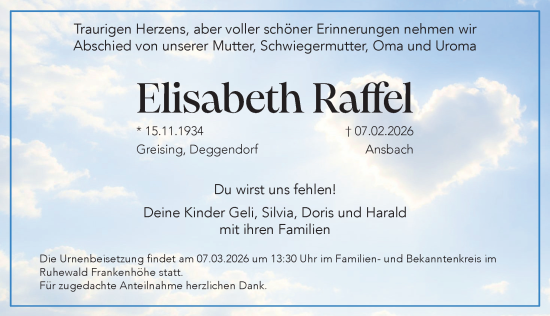 Traueranzeige von Elisabeth Raffel von Ansbach