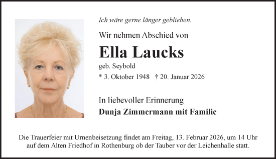 Traueranzeige von Ella Laucks von Rothenburg