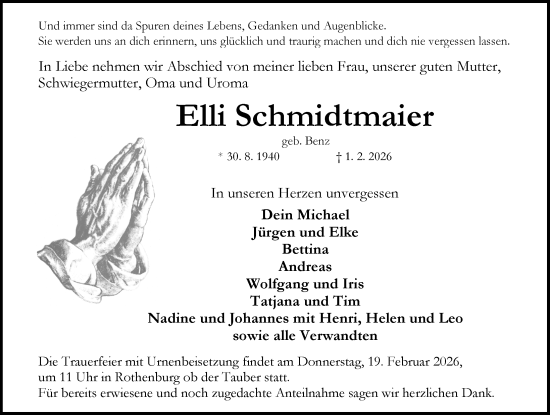 Traueranzeige von Elli Schmidtmaier von Rothenburg