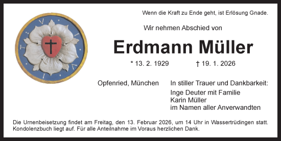 Traueranzeige von Erdmann Müller von Dinkelsbühl/ Feuchtwangen