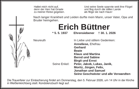 Traueranzeige von Erich Büttner von Ansbach
