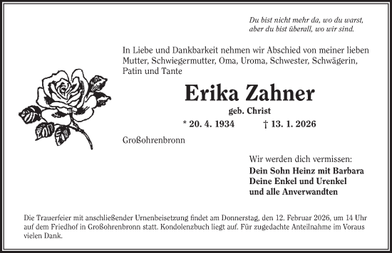Traueranzeige von Erika Zahner von Dinkelsbühl/ Feuchtwangen