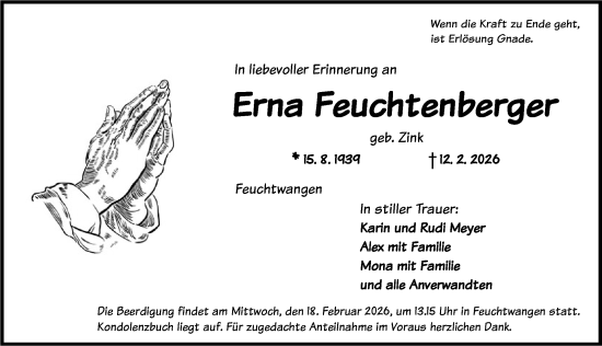Traueranzeige von Erna Feuchtenberger von Dinkelsbühl/ Feuchtwangen
