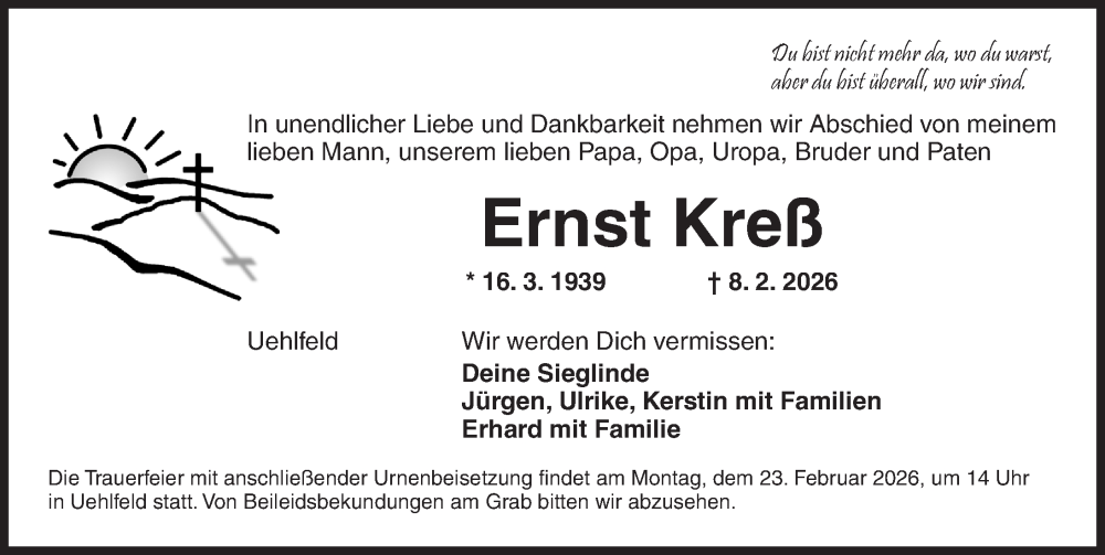  Traueranzeige für Ernst Kreß vom 19.02.2026 aus Neustadt/ Scheinfeld/ Uffenheim