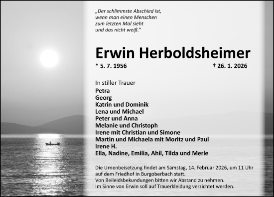 Traueranzeige von Erwin Herboldsheimer von Ansbach