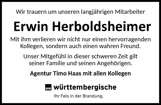 Traueranzeige von Erwin Herboldsheimer von Ansbach