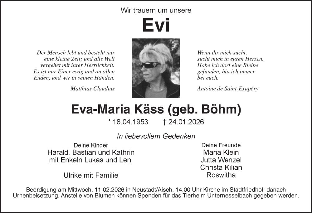  Traueranzeige für Eva-Maria Käß vom 07.02.2026 aus Neustadt/ Scheinfeld/ Uffenheim