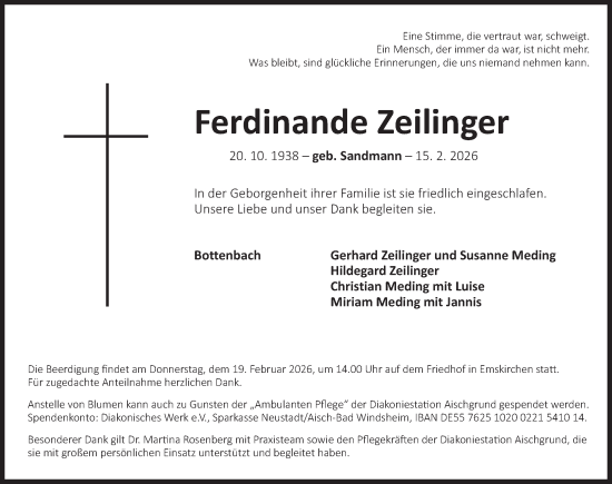 Traueranzeige von Ferdinande Zeilinger von Neustadt/ Scheinfeld/ Uffenheim