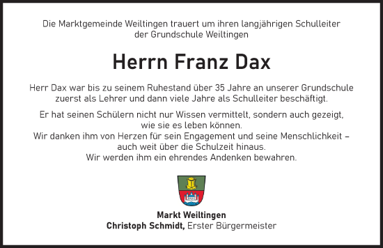 Traueranzeige von Franz Dax von Dinkelsbühl/ Feuchtwangen