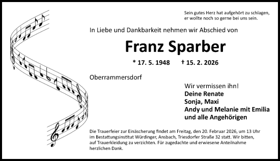 Traueranzeige von Franz Sparber von Ansbach