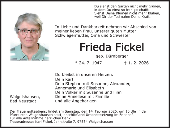 Traueranzeige von Frieda Fickel von Dinkelsbühl/ Feuchtwangen