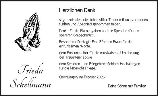 Traueranzeige von Frieda Schellmann von Dinkelsbühl/ Feuchtwangen