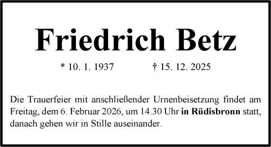 Traueranzeige von Friedrich Betz von Neustadt/ Scheinfeld/ Uffenheim