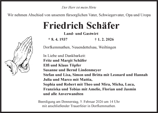Traueranzeige von Friedrich Schäfer von Ansbach