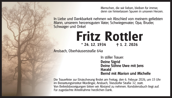 Traueranzeige von Fritz Rottler von Ansbach