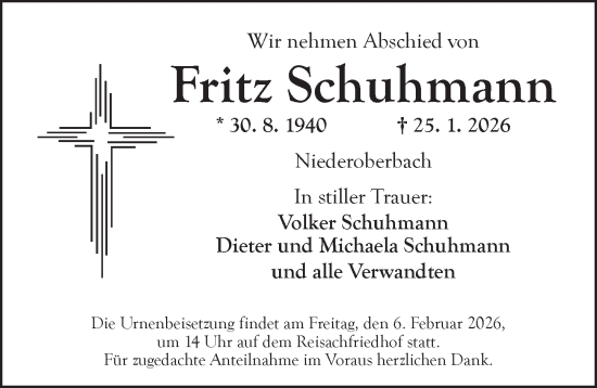 Traueranzeige von Fritz Schuhmann von Ansbach