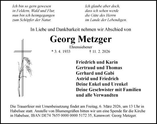 Traueranzeige von Georg Metzger von Neustadt/ Scheinfeld/ Uffenheim