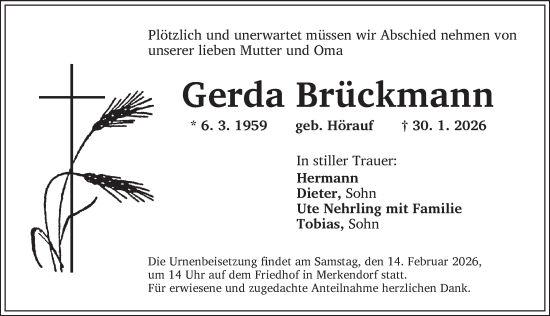 Traueranzeige von Gerda Brückmann von Ansbach