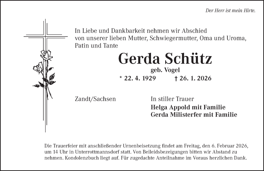  Traueranzeige für Gerda Schütz vom 04.02.2026 aus Ansbach
