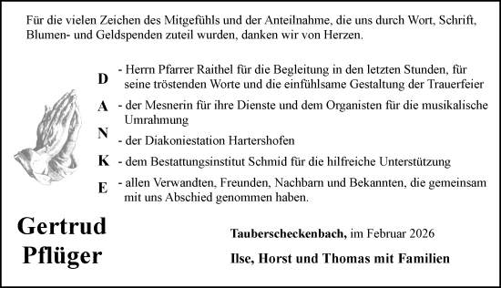 Traueranzeige von Gertrud Pflüger von Rothenburg