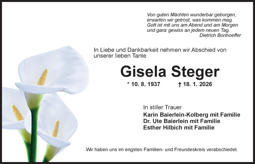  Traueranzeige für Gisela Steger vom 07.02.2026 aus Neustadt/ Scheinfeld/ Uffenheim