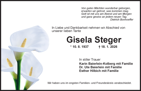 Traueranzeige von Gisela Steger von Neustadt/ Scheinfeld/ Uffenheim