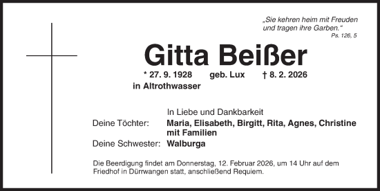 Traueranzeige von Gitta Beißer von Dinkelsbühl/ Feuchtwangen