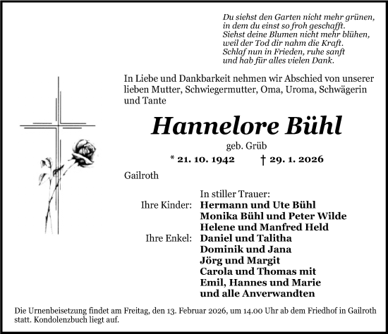 Traueranzeige von Hannelore Bühl von Dinkelsbühl/ Feuchtwangen