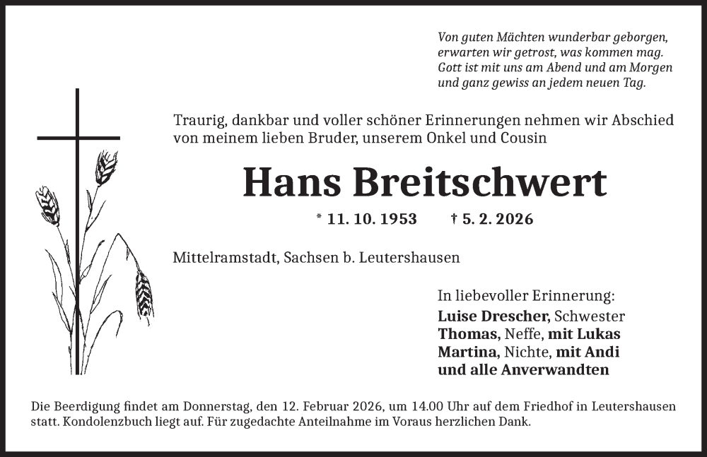  Traueranzeige für Hans Breitschwert vom 10.02.2026 aus Ansbach