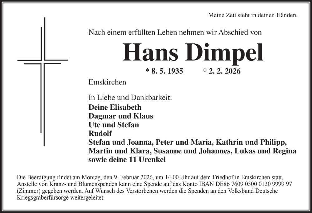  Traueranzeige für Hans Dimpel vom 06.02.2026 aus Neustadt/ Scheinfeld/ Uffenheim