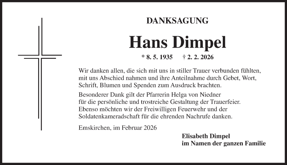  Traueranzeige für Hans Dimpel vom 14.02.2026 aus Neustadt/ Scheinfeld/ Uffenheim