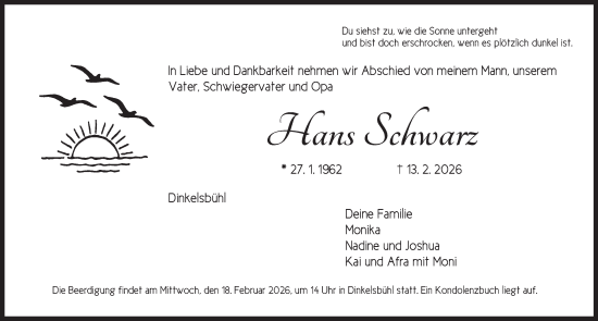 Traueranzeige von Hans Schwarz von Dinkelsbühl/ Feuchtwangen