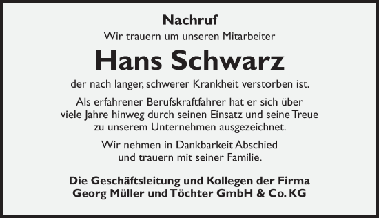 Traueranzeige von Hans Schwarz von Dinkelsbühl/ Feuchtwangen
