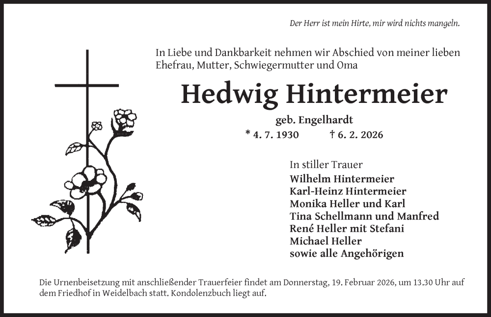  Traueranzeige für Hedwig Hintermeier vom 17.02.2026 aus Dinkelsbühl/ Feuchtwangen