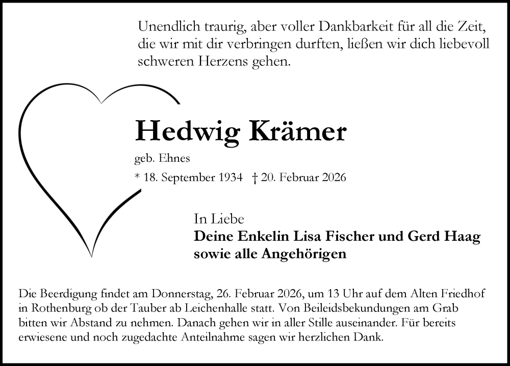  Traueranzeige für Hedwig Krämer vom 25.02.2026 aus Rothenburg
