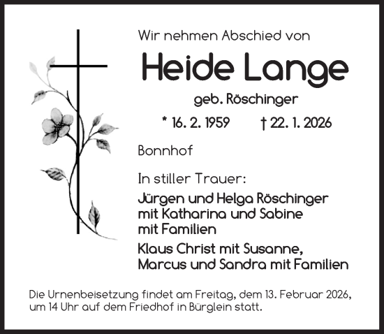 Traueranzeige von Heide Lange von Ansbach