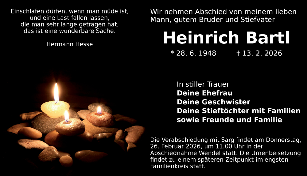  Traueranzeige für Heinrich Bartl vom 25.02.2026 aus Dinkelsbühl/ Feuchtwangen