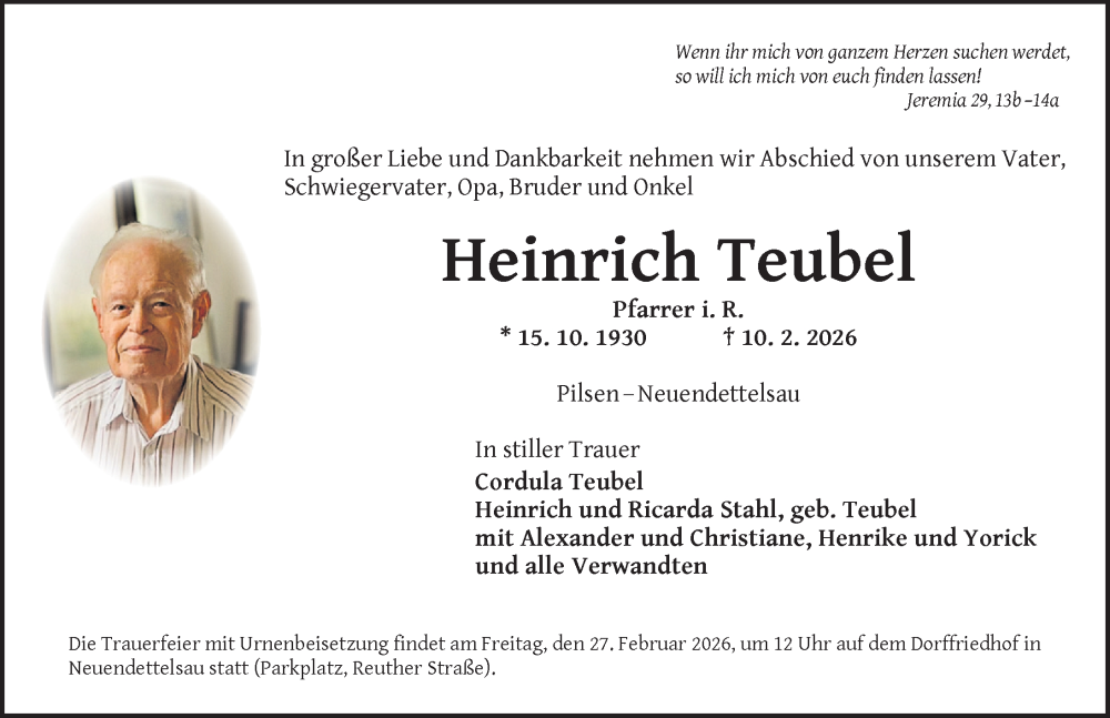  Traueranzeige für Heinrich Teubel vom 14.02.2026 aus Ansbach