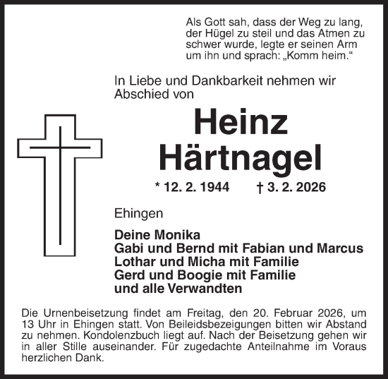 Traueranzeige von Heinz Härtnagel von Dinkelsbühl/ Feuchtwangen