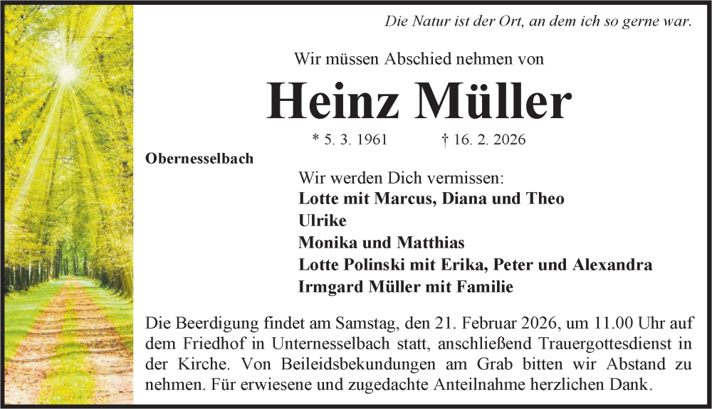  Traueranzeige für Heinz Müller vom 19.02.2026 aus Neustadt/ Scheinfeld/ Uffenheim
