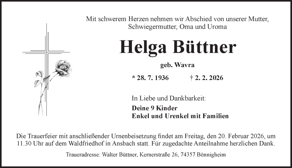  Traueranzeige für Helga Büttner vom 14.02.2026 aus Ansbach