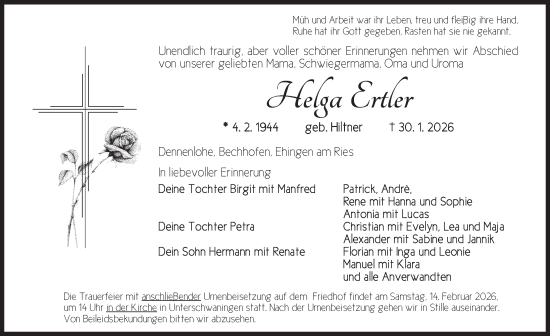 Traueranzeige von Helga Ertler von Dinkelsbühl/ Feuchtwangen