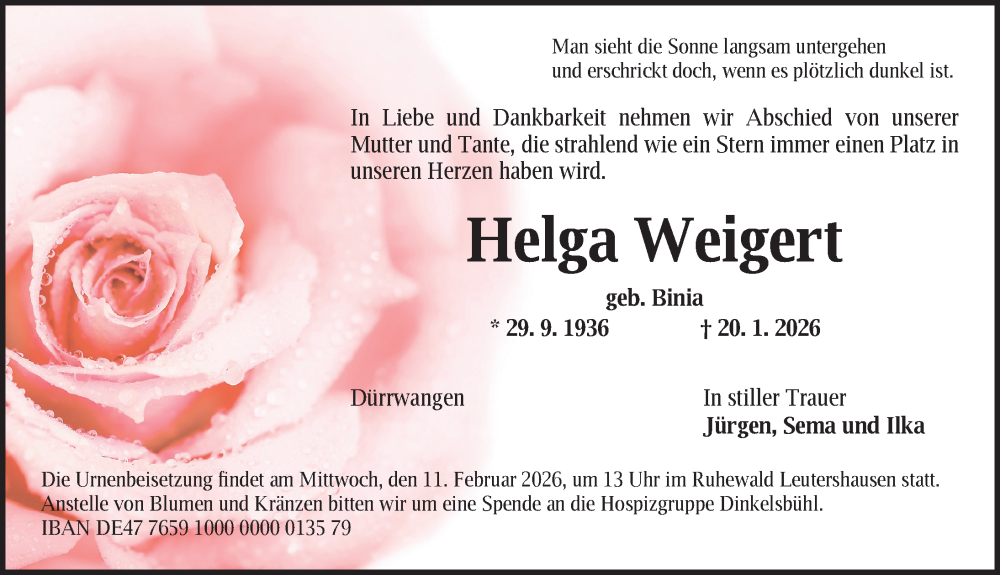  Traueranzeige für Helga Weigert vom 07.02.2026 aus Dinkelsbühl/ Feuchtwangen